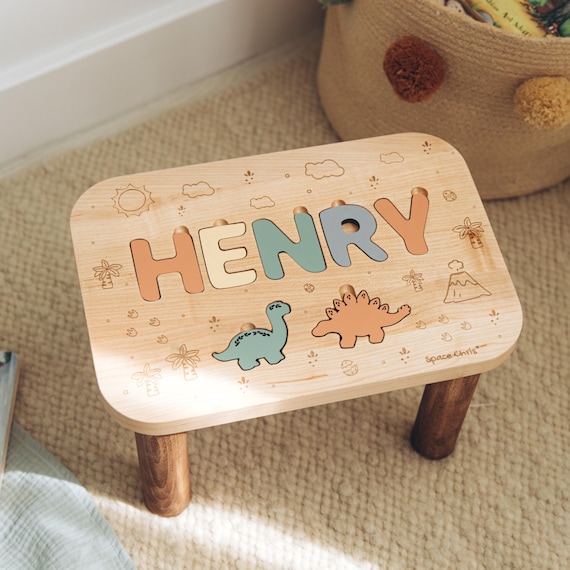 Wooden Stool Custom Name Puzzle Personalized Dinosaurs 1st Birthday Gift For Kids First Christmas Gift for Toddlers Baptism Boy Gift