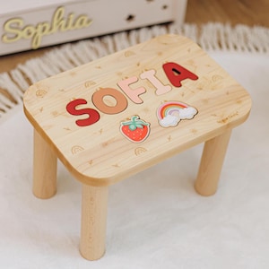 Wooden Stool for Toddlers Baby Girl Stool with Elements Custom Sturdy Baby Stool Personalized 1st Birthday Gift For Kids First Christmas