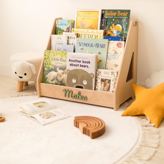 Personalized Montessori Bookshelf Boho Nursery Bookshelf Wooden Book Starage For Children Minimalist Kids Furniture Toddler / Grandson Gift