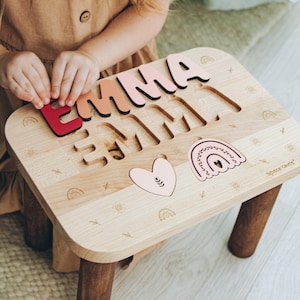 Personalized Step Stool With Elements Wooden Name Puzzle Stool 1st Birthday Toddler Stools Children Furninure for Playroom Cute Boho Toys