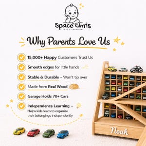 May include: A light-colored wooden toy car storage garage with multiple square compartments, featuring the name Noah on the front. The display includes text listing benefits like 15,000+ happy customers, smooth edges, real wood, and 70+ car capacity.