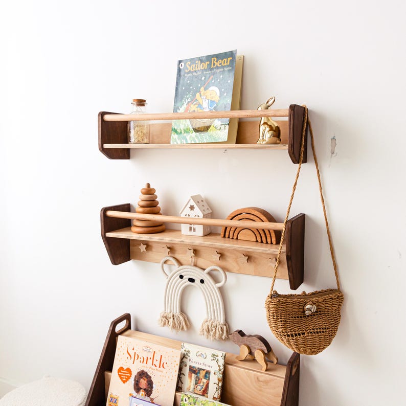 Natural Toddler Shelf for Toys & Books – Montessori Wooden Wall Shelf with Star Hooks – Kids Clothes Rack – Floating Nursery Room Organizer image 6