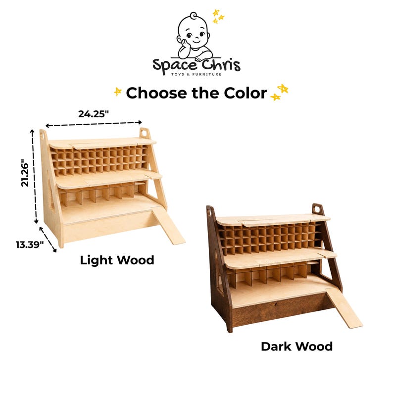May include: Two wooden toy storage organizers labeled Light Wood and Dark Wood. The light wood unit features dimensions of 24.25 inches wide, 21.26 inches high, and 13.39 inches deep. Both units have multiple shelves, a grid section, and a ramp.