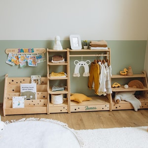 Set of 4 Shelves: Toy Storage + Kid Clothing Rack, Montessori Book Shelf, Toy Shelf, Montessori Furniture, Open Shelf, Montessori Shelves