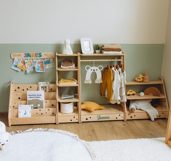 Set of 4 Shelves: Toy Storage + Kid Clothing Rack, Montessori Book Shelf, Toy Shelf, Montessori Furniture, Open Shelf, Montessori Shelves