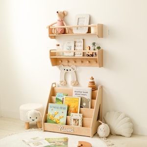 Natural Toddler Shelf for Toys & Books – Montessori Wooden Wall Shelf with Star Hooks – Kids Clothes Rack – Floating Nursery Room Organizer image 7