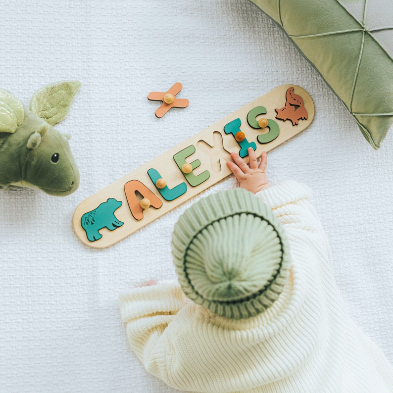 Personalized Name Puzzle With Pegs Newborn Baby Gift Montessori Puzzle For Toddlers Wooden Toys For Kids Baby Shower Baptism Easter Gifts image 2