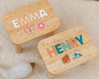 Taburete de madera personalizado con nombre, taburete infantil personalizado, silla de aprendizaje Montessori, taburete de madera natural para niños pequeños, regalo de primer cumpleaños