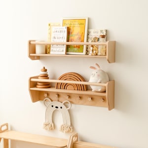 Natural Toddler Shelf for Toys & Books – Montessori Wooden Wall Shelf with Star Hooks – Kids Clothes Rack – Floating Nursery Room Organizer image 5