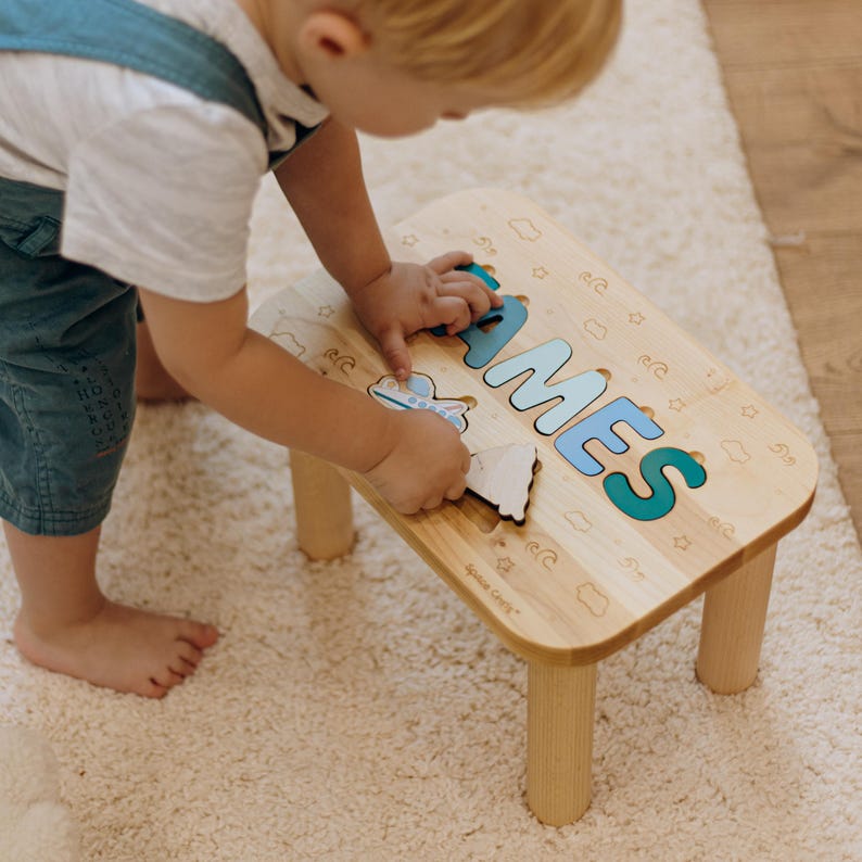 Personalized Wooden Step Stool, Montessori Name Puzzle Stool, Handmade ...
