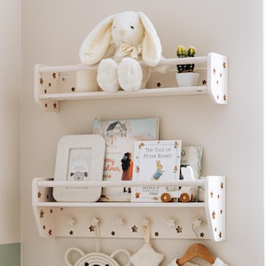 Nursery bookshelf, Hanging Shelf with Hooks, Small Nursery Shelf, Wooden Floating shelf, Montessori Nursery Furniture, Boho Shelf for Toys