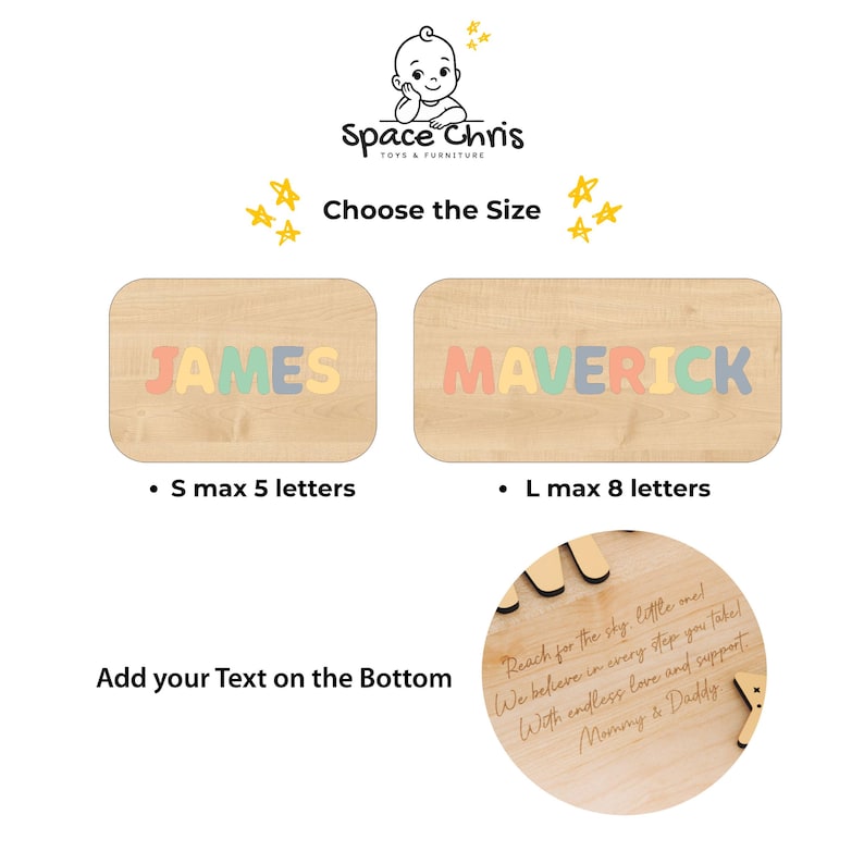 Puede incluir: Un letrero de madera con el logotipo de Space Chris, dos tablas rectangulares con los nombres JAMES y MAVERICK en letras pastel, y un recuadro circular que muestra texto grabado personalizado Reach for the sky, little one!