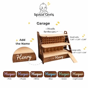 May include: A wooden toy car garage with 70 storage cells, featuring a ramp and customizable name plate. Small cells measure 1.54" x 1.54" x 3.94" and large cells measure 3.19" x 3.23" x 3.94". Includes options for pink, purple, white, blue, green, or light wood text.