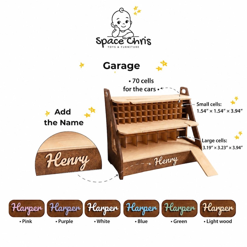 May include: A wooden toy car garage with 70 storage cells, featuring a ramp and customizable name plate. Small cells measure 1.54" x 1.54" x 3.94" and large cells measure 3.19" x 3.23" x 3.94". Includes options for pink, purple, white, blue, green, or light wood text.