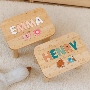 Personalized Baby Birthday Gift. Wooden Stool with Elements for Toddlers. Custom Sturdy Baby Stool.  1st Birthday Gift. Nursery Furniture.