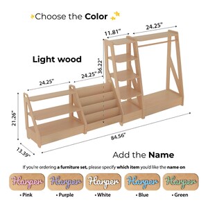 May include: A light wood furniture set featuring a multi-tiered shelving unit, a book display, and a clothing rack. Dimensions are labeled as 84.56 inches wide, 36.22 inches high, and 13.39 inches deep. Includes options for custom name plaques in pink, purple, white, blue, or green.