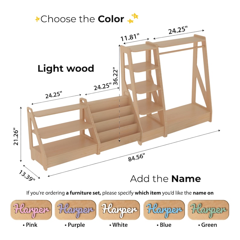 May include: A light wood furniture set featuring a multi-tiered shelving unit, a book display, and a clothing rack. Dimensions are labeled as 84.56 inches wide, 36.22 inches high, and 13.39 inches deep. Includes options for custom name plaques in pink, purple, white, blue, or green.