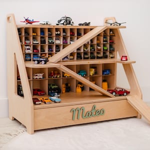 Garage personalizzato per macchinine giocattolo, rampa per macchinine, regalo di compleanno per bambino, scaffale con contenitore per giocattoli, mobile per la stanza dei giochi