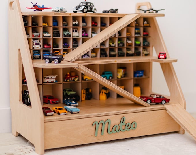 Personalized Toy Car Parking Garage, Toy Garage Car Ramp, Toddler Boy Birthday Gift, Shelf with Toy Storage, Furniture for Playroom