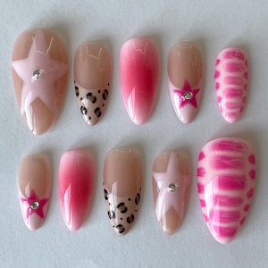 Pink Aura French Tip Almond Press On Nails, Custom Press On Nails, Preppy Nails