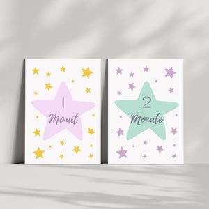 Cartes mensuelles de bébé à imprimer – 12 cartes A5 pour les étapes clés – Fichier numérique pour photos de bébé – Étoiles – Allemand