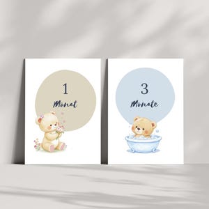 Cartes mensuelles de bébé à imprimer – 12 cartes A5 pour les étapes clés – Fichier numérique pour photos de bébé – Ours en peluche – Allemand