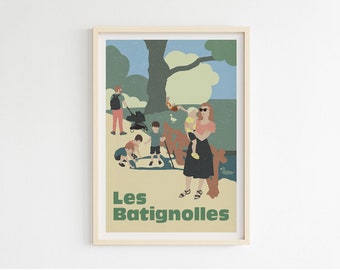 Op de afbeelding: Een poster in vintage stijl met een groene, gele en blauwe kleurstelling. De poster toont een gezin dat geniet van een dag in het park. De tekst "Les Batignolles" is in het groen gedrukt aan de onderkant van de poster.