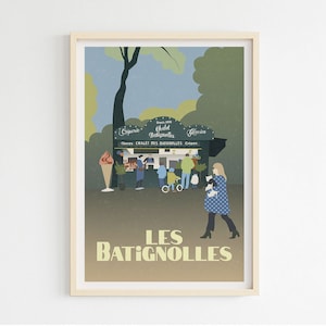 Puede incluir: Una impresión artística enmarcada con una ilustración vintage de una escena de un parque parisino. La obra representa un puesto de comida con gente, árboles y el texto "LES BATIGNOLLES". La paleta de colores incluye verdes, azules y beige.