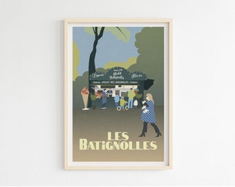 Op de afbeelding: Een ingelijste kunstdruk met een vintage illustratie van een Parijse parkscène. Het kunstwerk toont een eetkraam met mensen, bomen en de tekst "LES BATIGNOLLES". Het kleurenpalet omvat groen, blauw en beige.