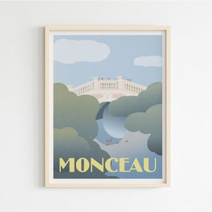 Puede incluir: Una ilustración enmarcada de un puente con un cielo azul y nubes blancas. El puente está rodeado de árboles verdes y el texto "MONCEAU" está impreso en amarillo en la parte inferior de la imagen.