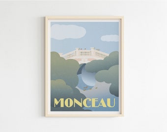 Op de afbeelding: Een ingelijste illustratie van een brug met een blauwe lucht en witte wolken. De brug wordt omringd door groene bomen en de tekst "MONCEAU" is in geel onderaan de afbeelding gedrukt.