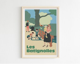 Op de afbeelding: Een kleurrijke illustratie van een gezin dat geniet van een dag in het park. De afbeelding toont een vrouw die een baby vasthoudt, een man die een kinderwagen duwt en kinderen die in een vijver spelen. De tekst "Les Batignolles" staat onderaan de afbeelding.