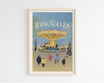 Op de afbeelding: Een vintage poster met de tekst "LES BATIGNOLLES" in gele letters. De poster toont een draaimolen met mensen die erop rijden, en andere mensen die eromheen staan. De achtergrond is een blauwe lucht met wolken.