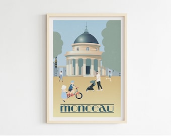Op de afbeelding: Een vintage poster met een lichtblauwe en witte illustratie van een gebouw met een koepel. Het gebouw is omgeven door bomen en mensen die lopen. De tekst "monceau" staat onderaan de poster.