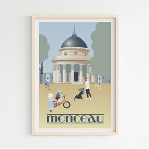 Puede incluir: Un póster de estilo vintage con un edificio de color azul claro y blanco con un techo abovedado. El edificio está rodeado de árboles y personas caminando. El texto "monceau" está impreso en azul oscuro en la parte inferior del póster.