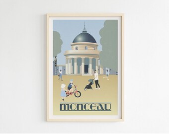 Op de afbeelding: Een vintage poster met een lichtblauw en wit gebouw met een koepelvormig dak. Het gebouw is omringd door bomen en mensen die wandelen. De tekst "monceau" is in donkerblauw gedrukt onderaan de poster.