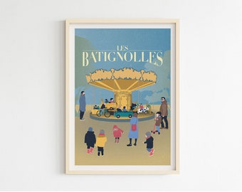 Op de afbeelding: Een vintage poster met een blauwe achtergrond waarop een draaimolen te zien is met mensen die erop rijden. De tekst "LES BATIGNOLLES" staat bovenaan de poster.