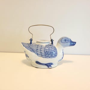 Vintage Blue White Duck Teapot Brass Handle Hand Painted Chinoiserie Tea Pot Decorative Collectible