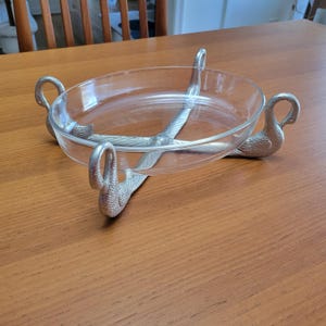 Vintage Glass Serving Bowl with Aluminum Swan Handles | Mid Century Swan Dish | Arthur Court