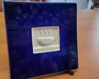 Vintage Cork-Back Trivet Blue Ceramic Coffee Cup Tile MCM Kitchen Decor