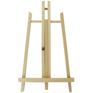 May include: A wooden easel with a natural finish. The easel is made of solid wood and has a simple design. It is perfect for displaying small paintings, photos, or other artwork.