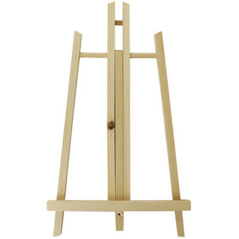 May include: A wooden easel with a natural finish. The easel is made of solid wood and has a simple design. It is perfect for displaying small paintings, photos, or other artwork.