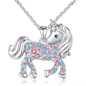 Children's Elegant Coloured Crystal Unicorn Necklace with Personalised Unicorn Gift Bag
