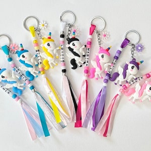 Personalised Bead Keyring with a Large Fantasy Cartoon Rainbow Unicorn - Bag Accessory