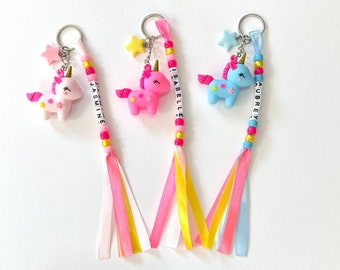 Cute Solid Cartoon Unicorn Keyring with Star Charm and Personalised Beads