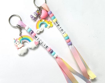 Handmade Personalised Cute Unicorn Charm Keyring with Pony Beads and Rainbow Ribbon