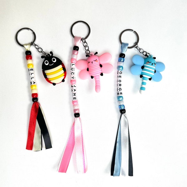 Colourful Handmade Personalised Ribbon Keyring with a Cute Large Insect Charm - Ladybird, Dragonfly