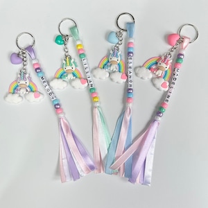 Personalised Rainbow Unicorn Keyring – Beaded Bag or Key Accessory with Heart Charm
