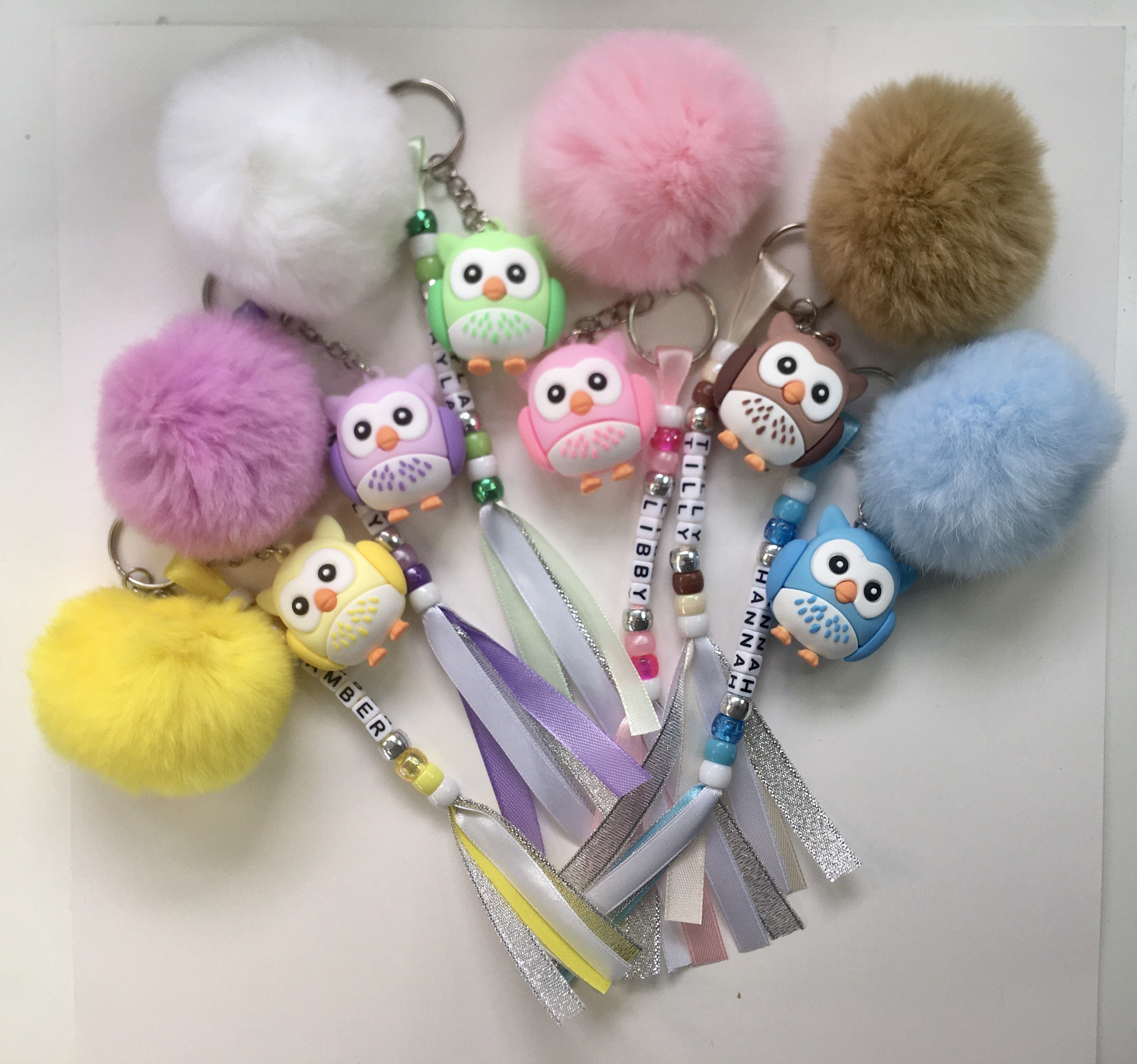 Personalised Owl Keyring with Pom Pom – Beaded Bag Charm in Six Colours