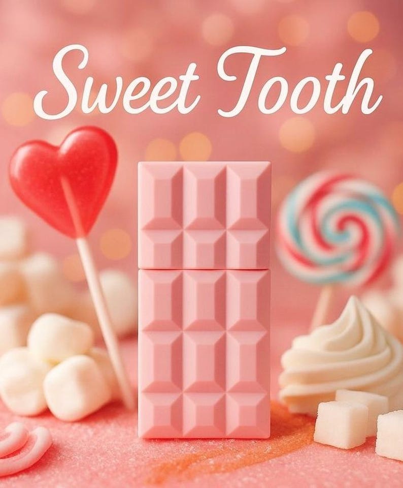 Puede incluir: Un objeto rectangular rosa con un patr&oacute;n geom&eacute;trico, similar a una tableta de chocolate, es el punto focal. Un caramelo en forma de coraz&oacute;n rojo, un caramelo en espiral, malvaviscos y el texto "Sweet Tooth" tambi&eacute;n son visibles, todo sobre un fondo rosa.